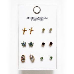 NEW AMERICAN EAGLE 6 Pairs Studs LOT Cross Flower Silver/Gold